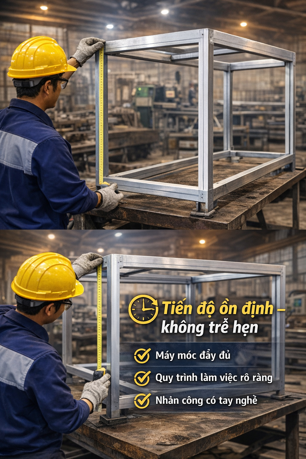 công nhân đo đặt chắc chắn ở xưởng Phúc VInh 